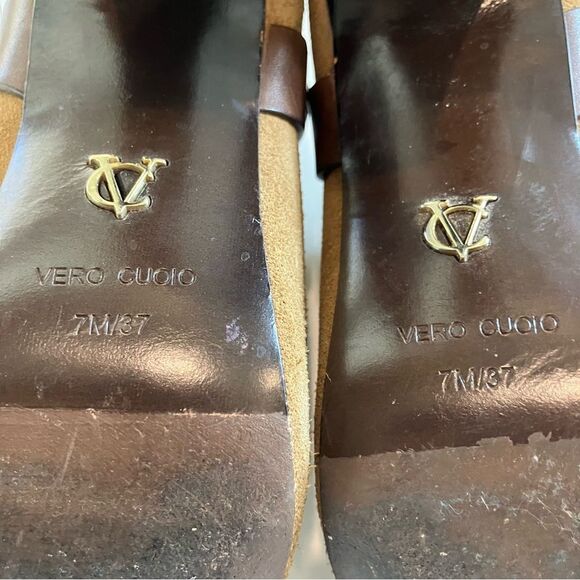 Vince Camuto VC Signature Leather Suede Brown Nikoletta Peep Toe Boots Size 7 - Picture 16 of 16